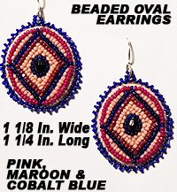 Native American Beaded Oval Earrings, Cobalt Blue, Maroon, Pink
